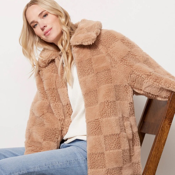 Apparis Lucy Checked Faux Fur Jacket in Size M in Butterscotch NWT - Picture 1 of 9